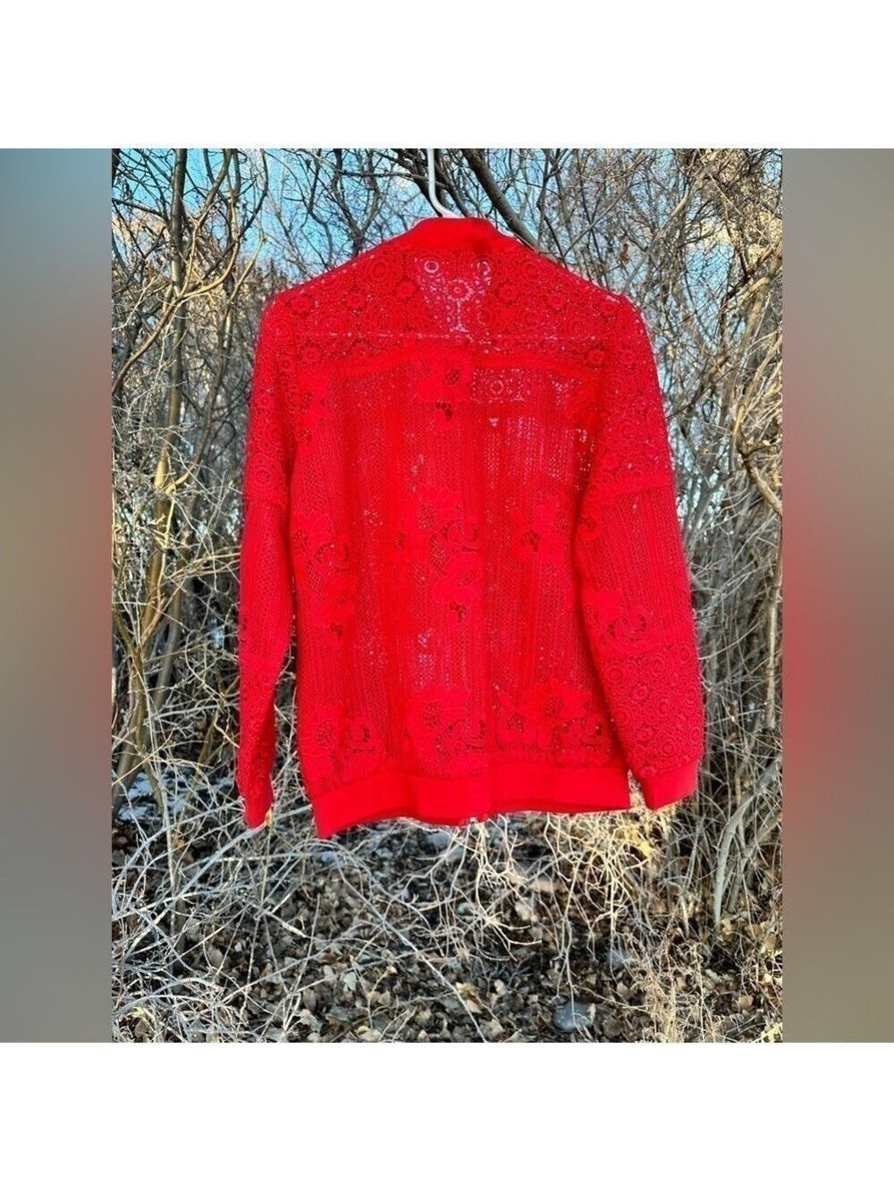 Chico’s Red Sheer Fancy Crochet Lace Blazer, Womens 4 - Chicos Size 0 BEAUTIFUL! - Picture 6 of 16